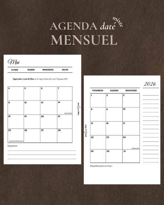 Agenda mensuel daté 2026 (mixte)
