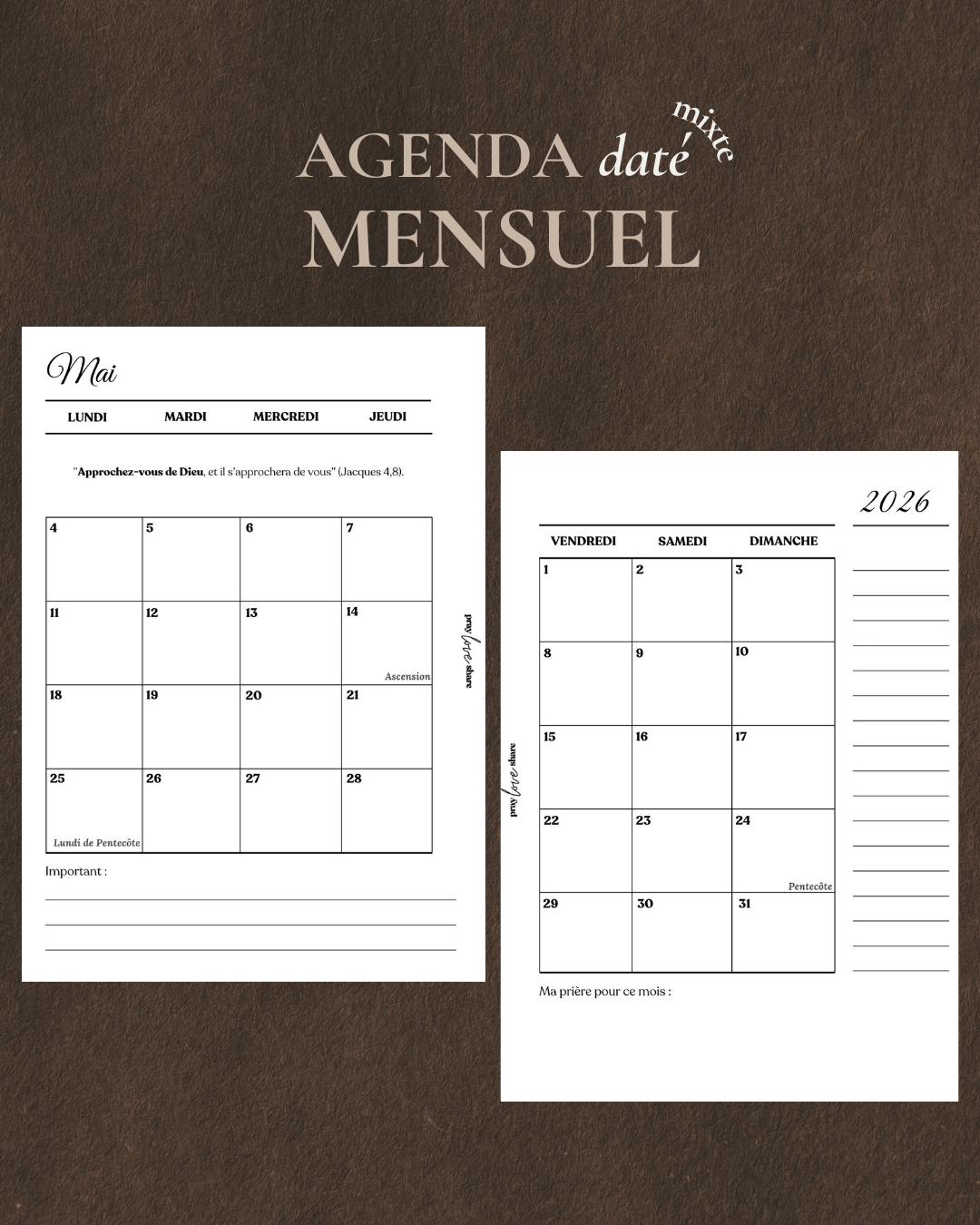 Agenda mensuel daté 2026 (mixte)