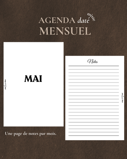 Agenda mensuel daté 2026 (mixte)